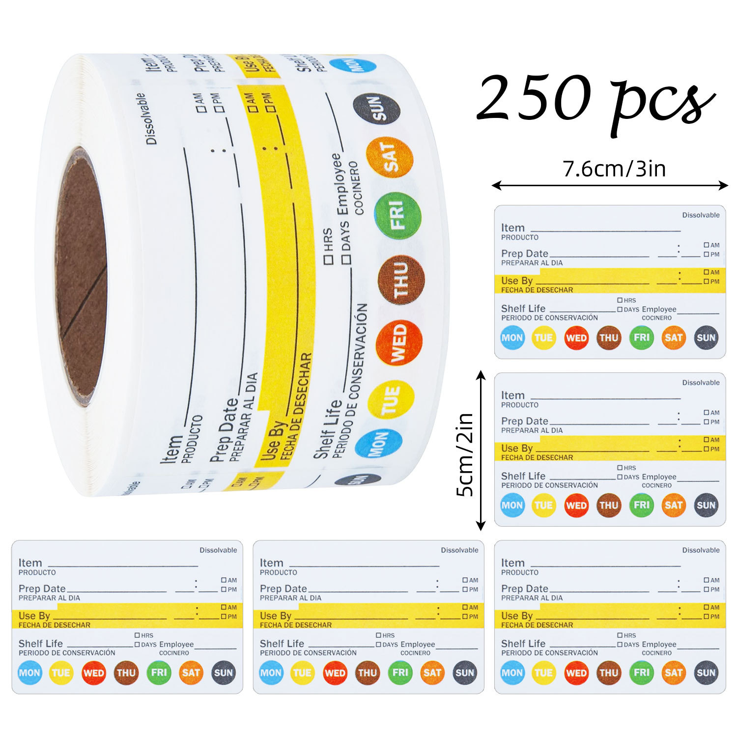 Food Storage Labels - 250 ชิ้น/ม้วน ป้ายวันที่อาหาร กันน้ำ สติ๊กเกอร์สำหรับเตรียมอาหาร สำหรับภาชนะในครัว