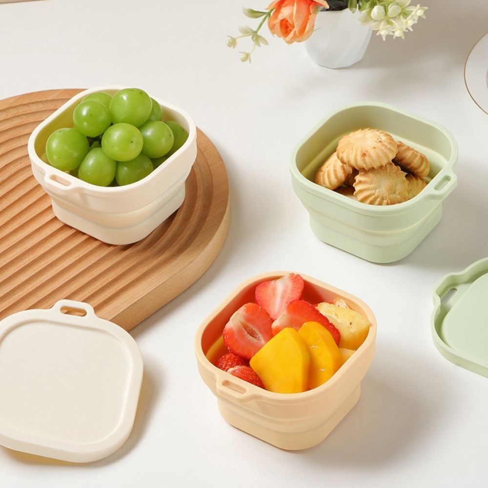 Food Storage Not Plastic - กล่องอาหารกลางวันแบบพับได้ขนาดใหญ่ 400 มล. ซิลิโคนพร้อมฝาปิด ชามสำหรับแคมป์ปิ้ง ก้นกันลื่น