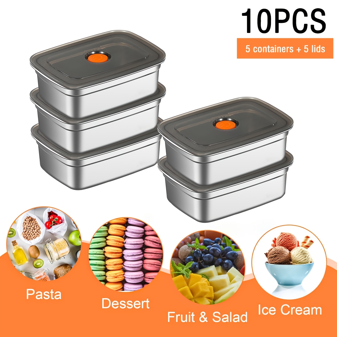 Food Storage Home - ชุดกล่องถนอมอาหารสแตนเลส 10 ชิ้น พร้อมฝาปิด ป้องกันการรั่วซึม ใช้กับช่องแช่แข็ง/ไมโครเวฟได้