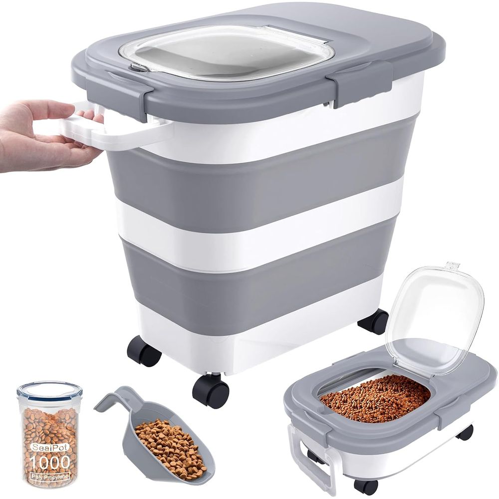 Food Storage For Dog - ภาชนะเก็บอาหารสุนัขแบบปิดสนิท, ภาชนะเก็บอาหารสัตว์เลี้ยงขนาดใหญ่แบบพับได้พร้อมฝาปิด, ล้อ, ที่จับ, ที่ตัก, ภาชนะเก็บอาหารแมวขนาดเล็ก