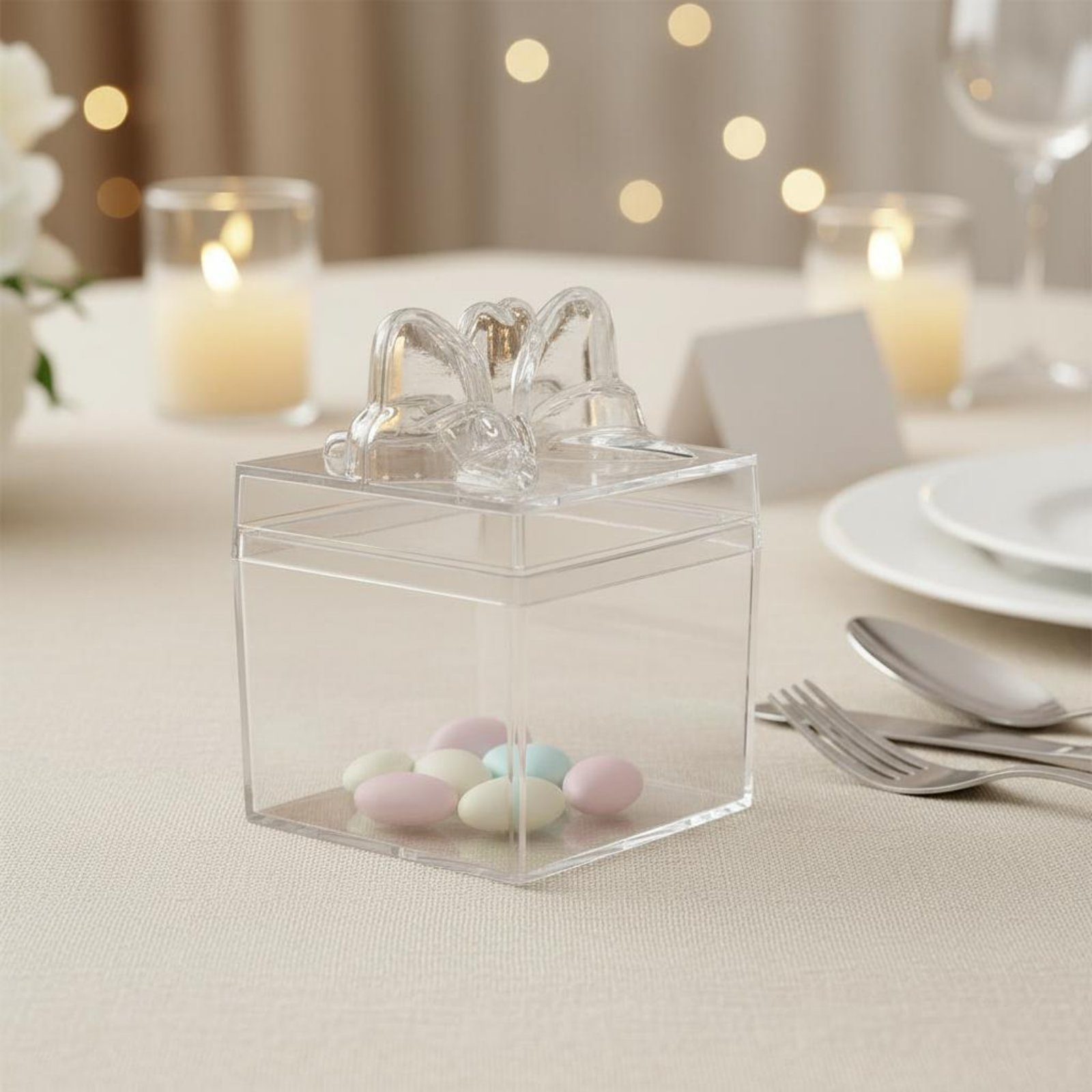 Food Storage Box Plastic - กล่องขนมพลาสติกใสพร้อมริบบิ้น กล่องขนมใสอเนกประสงค์ กล่องทรงลูกบาศก์ขนาดเล็ก เกรดสำหรับอาหาร สำหรับเก็บของชิ้นเล็ก