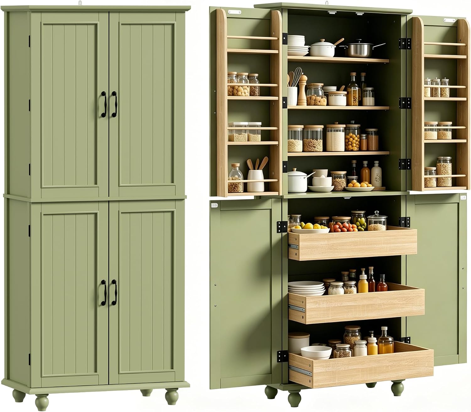 Food Storage Without Pantry - ตู้เก็บของในครัวสไตล์ฟาร์มเฮาส์ขนาด 69 นิ้ว พร้อมบานประตู ลิ้นชัก ถาดแบบดึงออกได้