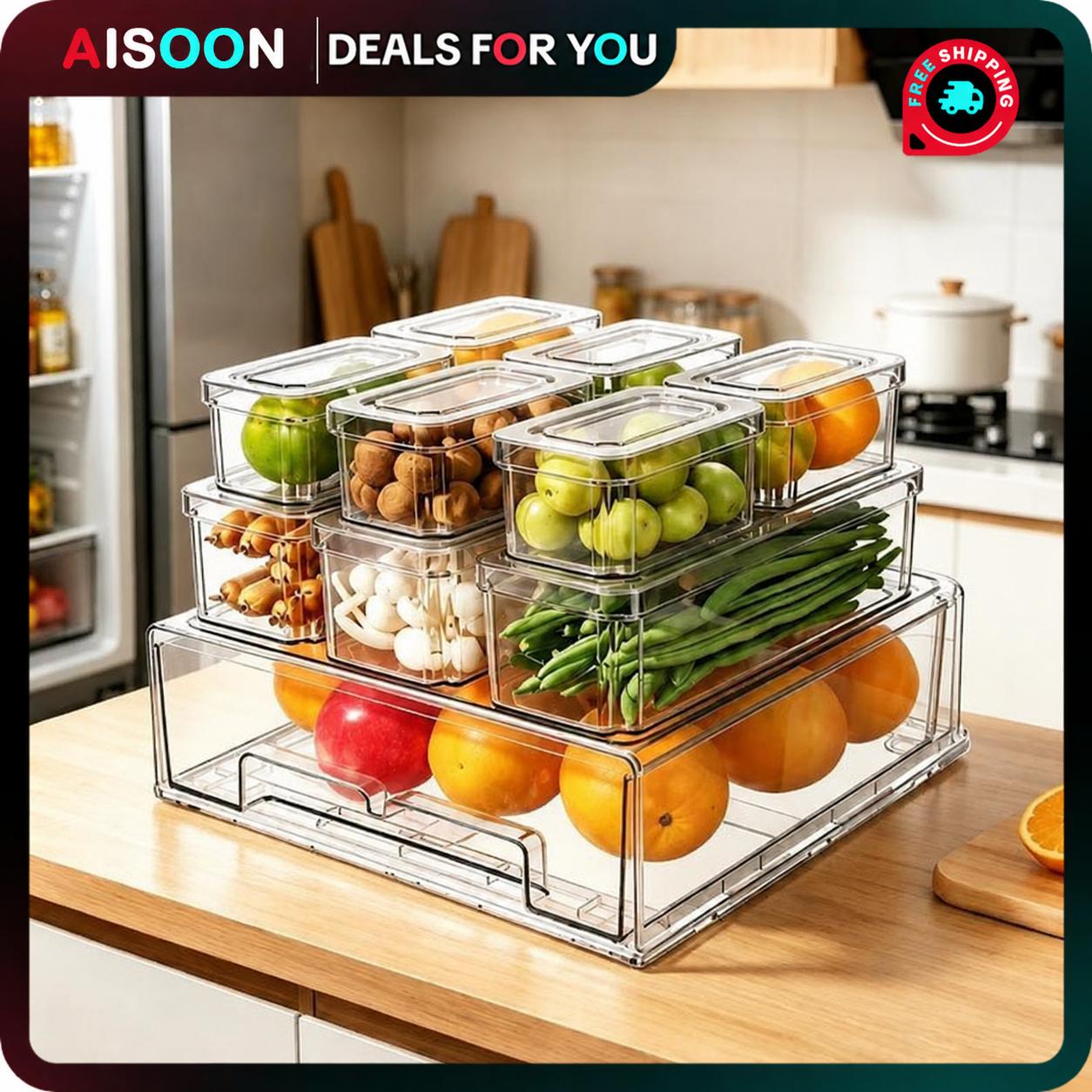 Food Storage Without Pantry - กล่องจัดระเบียบตู้เย็น 10/14 ชิ้น พร้อมฝาปิด ลิ้นชักแบบดึงออกได้ กล่องเก็บของพลาสติกใสแบบซ้อนกันได้