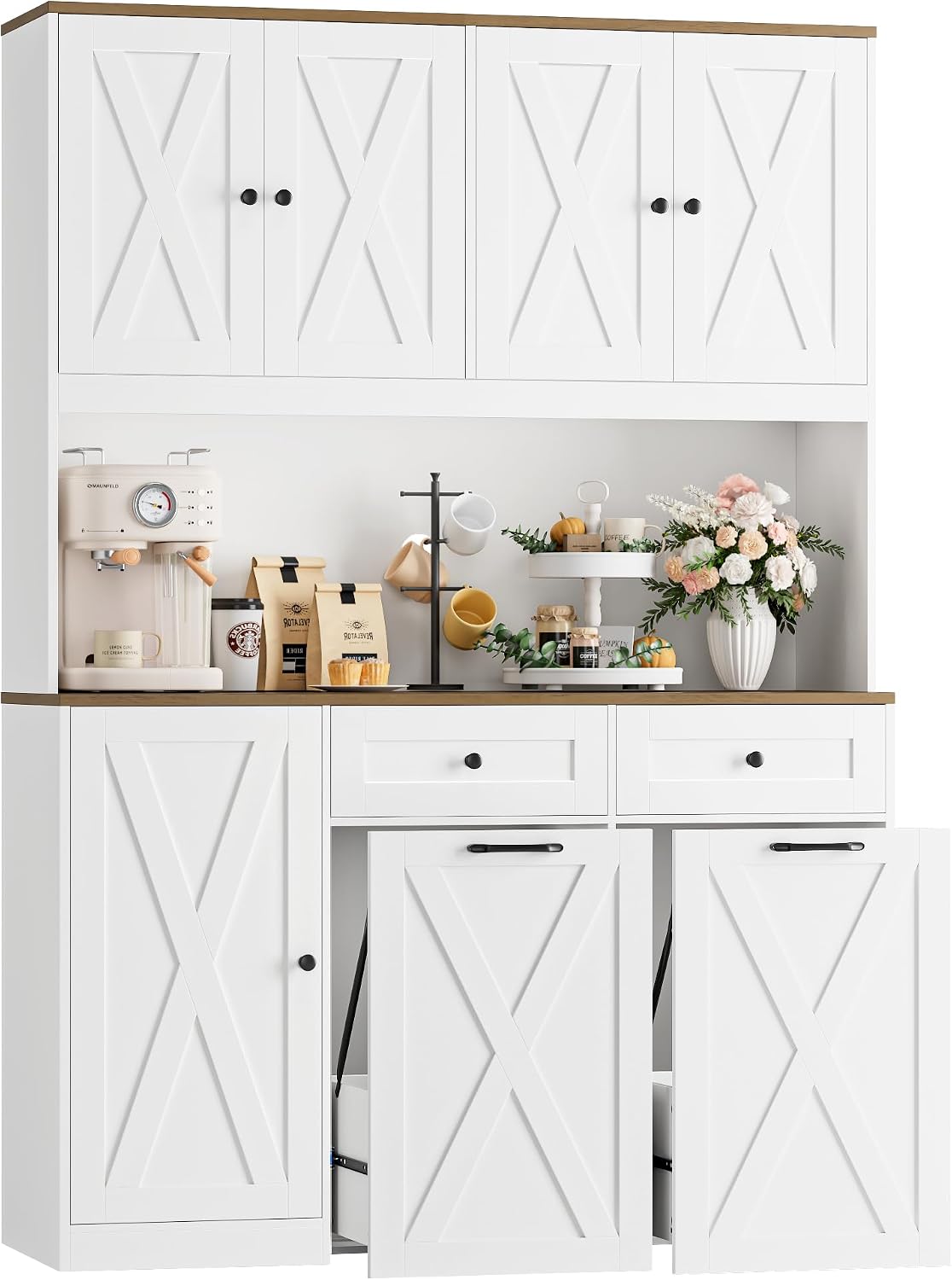 Food Storage Without Pantry - ตู้เก็บของในครัวแบบตั้งพื้น ตู้ไม้สูง ตู้เก็บขยะแบบดึงออกได้สองชั้น ตู้ลิ้นชัก ชั้นวางปรับระดับได้ ตู้เก็บอาหารสีขาว