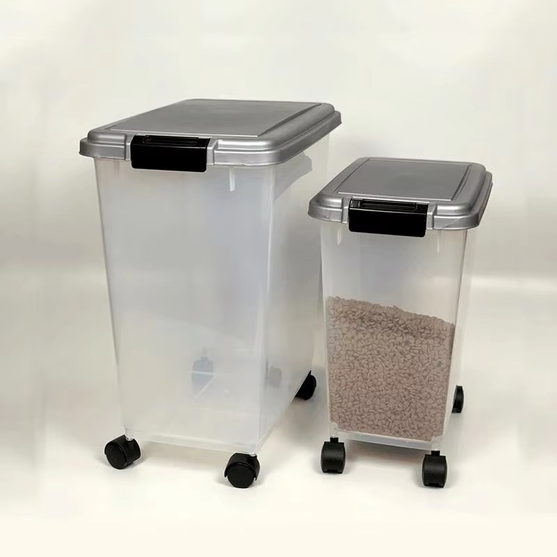 Food Storage For Dog - ภาชนะเก็บอาหารสัตว์เลี้ยงพลาสติกสำหรับสุนัขและแมวพร้อมล้อเลื่อน ขนาด S M ขายส่งจากผู้ผลิต