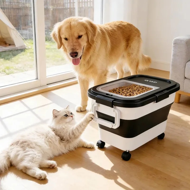 Food Storage For Dog - กล่องเก็บอาหารสุนัขขนาด 20-25 ปอนด์ กล่องเก็บอาหารสัตว์เลี้ยงแบบสุญญากาศพร้อมฝาล็อค กล่องเก็บอาหารแบบพับได้พร้อมล้อเลื่อน