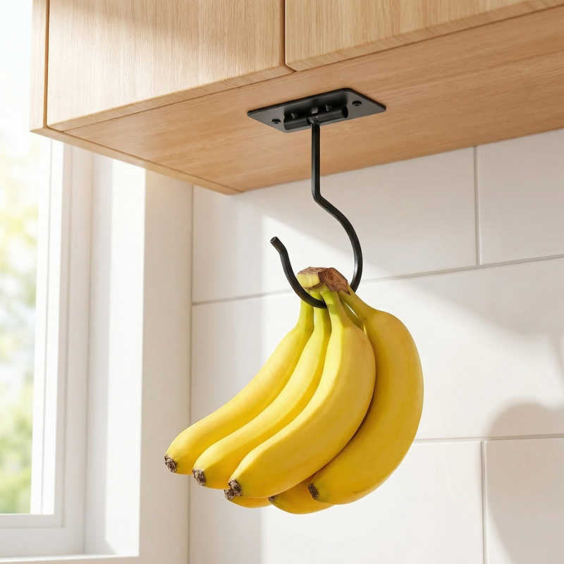 Food Storage And Organizer - ตะขอแขวนกล้วยแบบติดผนังโลหะสีดำ พับเก็บได้ ช่วยประหยัดพื้นที่ ใช้จัดระเบียบอาหารในตู้ครัว 1-2 ชิ้น