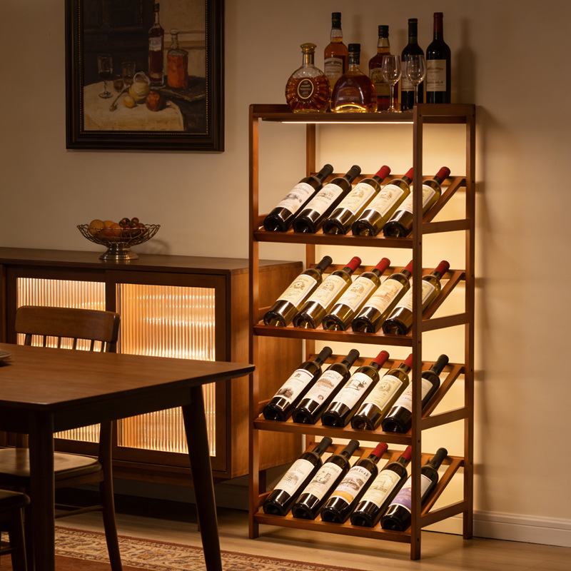 Food Storage In Cabinets - ชั้นวางไวน์หรูหราสไตล์เรโทร ทำจากไม้ไผ่ ตู้เก็บไวน์แบบตั้งพื้น ชั้นวางโชว์แบบตั้งพื้น ชั้นวางของตกแต่งทำจากไม้